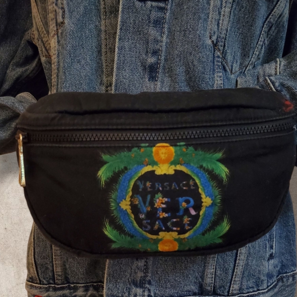 VERSACE Beverly Palm Miami Black Belt Bag with Vibrant Graphic Waist Sling Bag
